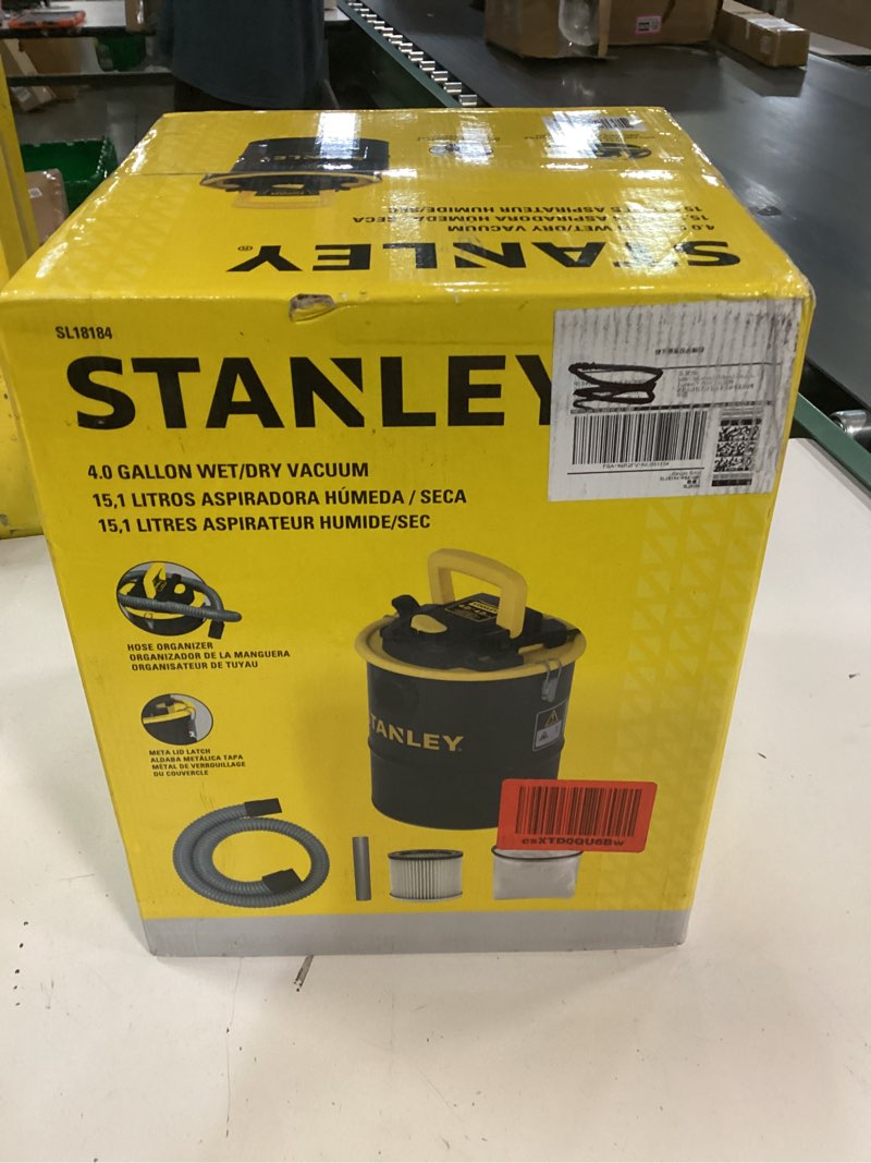 Condition photo showing New/Like New for stanley ash vacuum cleaner 4 gallon with 4 hp powerful motor suction, stainless steel shop vacuum portable ash canister for pellet grill, wood stoves, bbq grills, fireplaces & fire pits