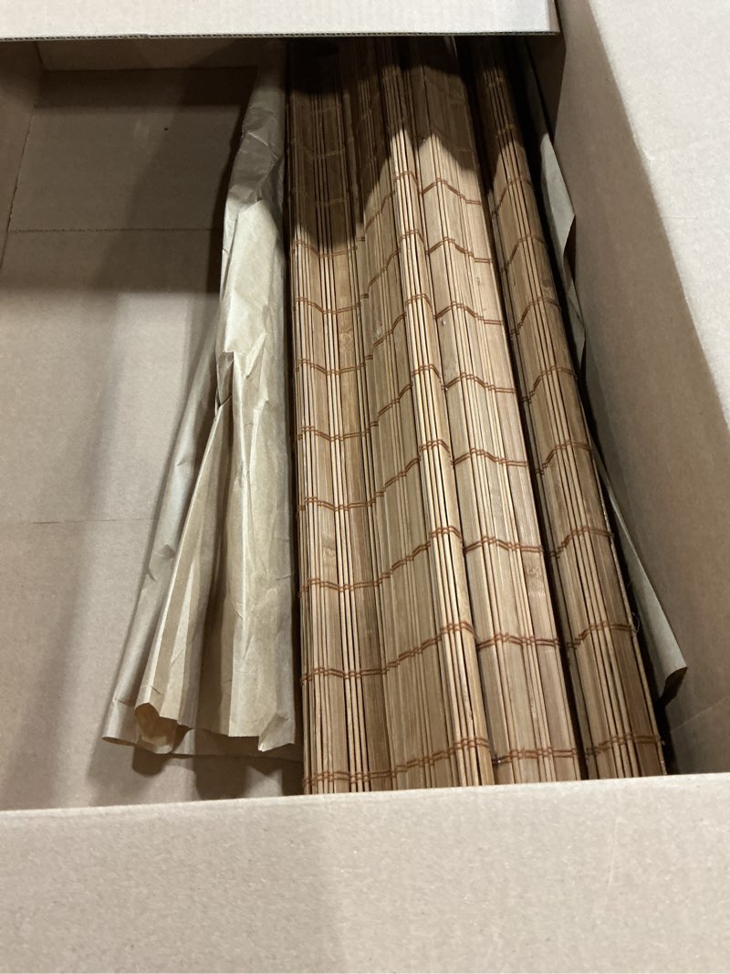 Condition photo showing As Is for chicology bamboo roman shades - customer favorite light filtering blinds for windows, premium quality, ideal for home, squirrel brown, 24" w x 74" h 24"w x 74"h squirrel