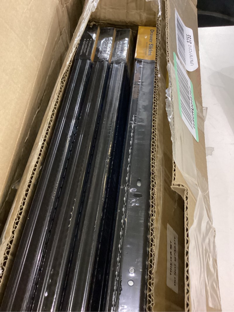 Condition photo showing New/Like New for YENUO 10 Pairs Full Extension Drawer Slides Side Mount 10 12 14 16 18 20 22 24 Inch Ball Bearing Metal Black Rails Track Guide Glides Runners Heavy Duty 100 Pound (Basic-10 pairs, 24 Inch) Basic-10 pairs 24 Inch