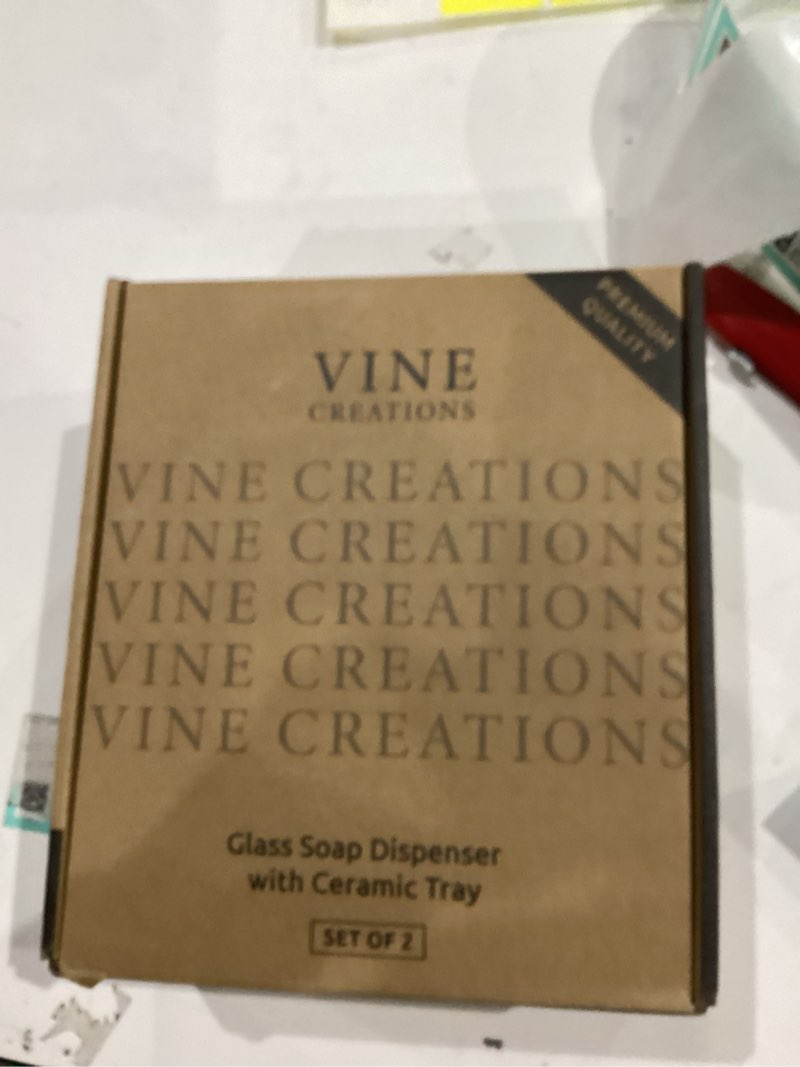 Condition photo showing New/Like New for Vine Creations Glass Soap Dispenser, 2 Pack Kitchen Soap Dispenser Set with Ceramic Tray, Stainless Steel Pump, Dish Soap Dispenser for Kitchen, Hand Soap Dispenser Bathroom with Waterproof Labels