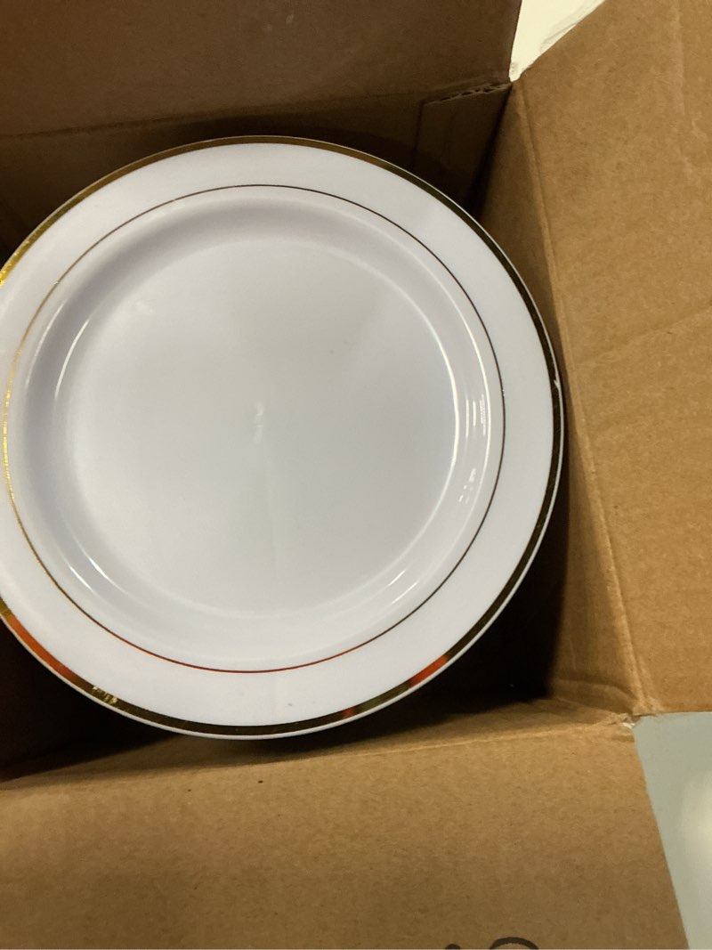 Condition photo showing Good Condition for bucla 100pieces gold plastic plates - 6.25inch white with gold rim disposable salad/dessert/appetizer/small cake plates premium hard - ideal for wedding, party 6.25inch-100pcs-gold