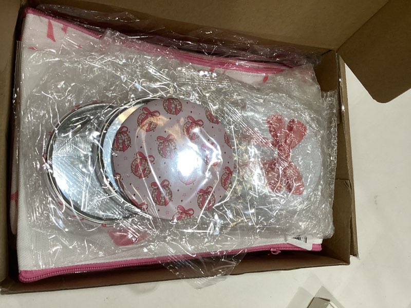 Condition photo showing Good Condition for chunful 24 pcs coquette bow party favors 12 canvas makeup bags 12 aesthetic compact mirror zipper pouch round pocket mirrors for women guests valentine quinceanera party favors(pink,cute style) pink cute style