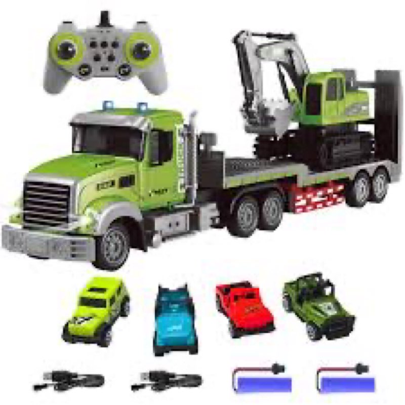 Fistone RC Semi-Trailer Truck & Excavator Toy Set, 1:12 Scale with Sound and Lights, 2.4Ghz Remote C