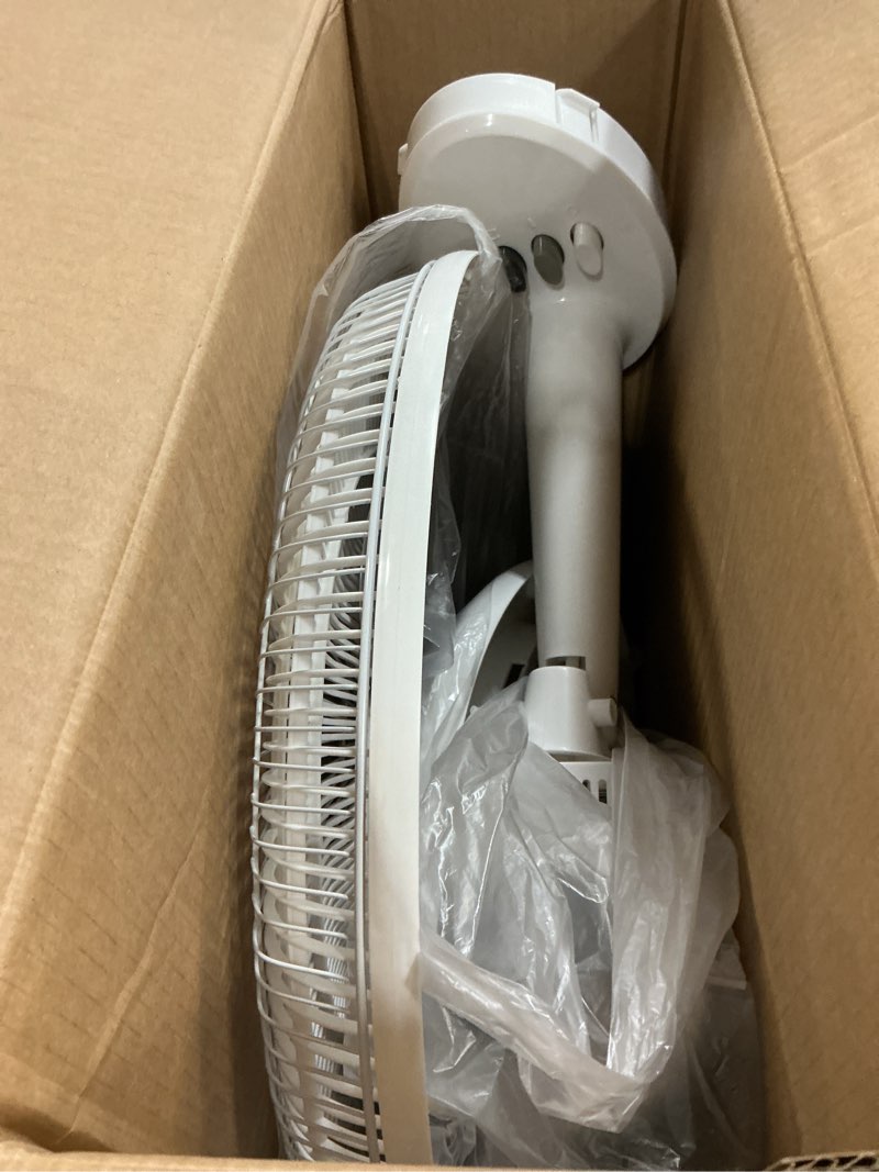Condition photo showing As Is for comfort zone 16 inch table fan with adjustable tilt, wide area oscillation, quiet air circulator fan for bedroom, 3 speed desktop fan for home office, push button controls, white