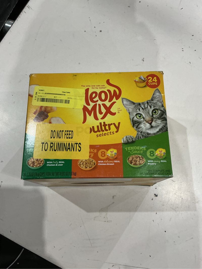 Condition photo showing New/Like New for meow mix poultry selections variety pack, wet cat food, 2.75 oz cup (24 pack)