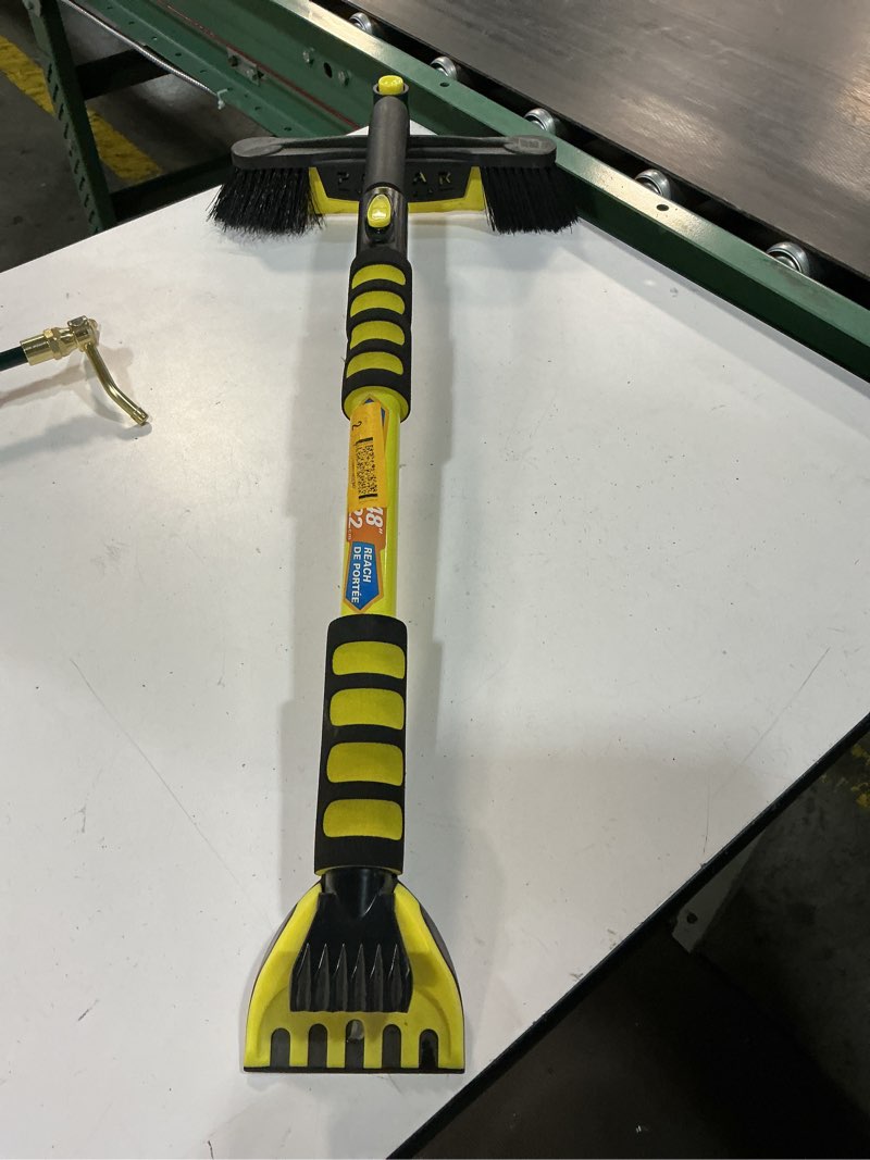 Condition photo showing As Is for hopkins aluminum ice scraper with 9-inch wide head and 48-inch long handle, rotating brush, triple action head, polar vortex blade