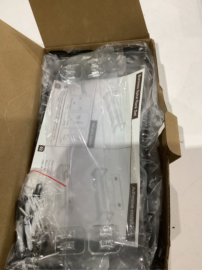 Condition photo showing As Is for Spice Rack Wall Mounted 4 Pack,Space-Saving Spice Organizer for Spice Jars and Seasonings,Screw or Adhesive Hanging Spice Rack Organizer for Your Kitchen Cabinet,Pantry Door,11.41x2.75x2.75in 4Pack Black