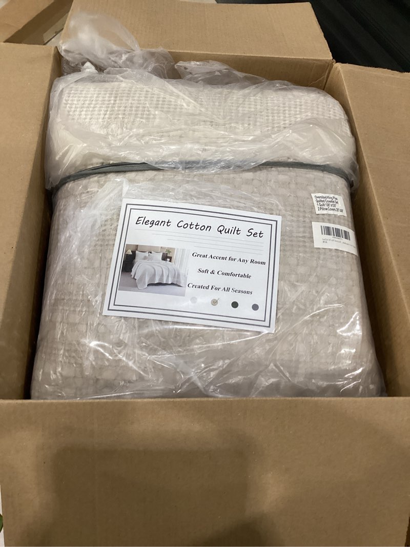 Condition photo showing As Is for cozytide 128"x120" oversized waffle quilt set,100% cotton khaki bedding bedspread coverlet set,3 pieces soft lightweight extra large farmhouse king bedding quilt for all season oversized king plus 128x120 1-khaki
