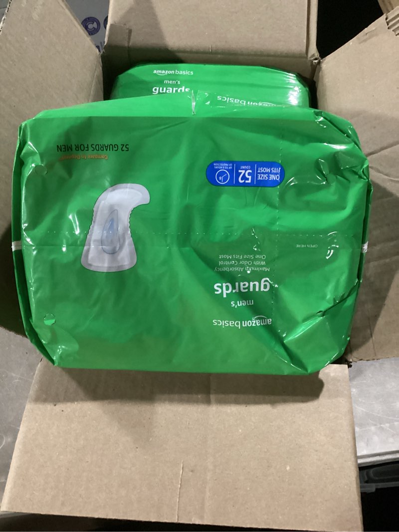Condition photo showing Good Condition for amazon basics men's incontinence guards, maximum absorbency, moisture-wicking with odor protection, one size fits most, 104 count (2 packs of 52)