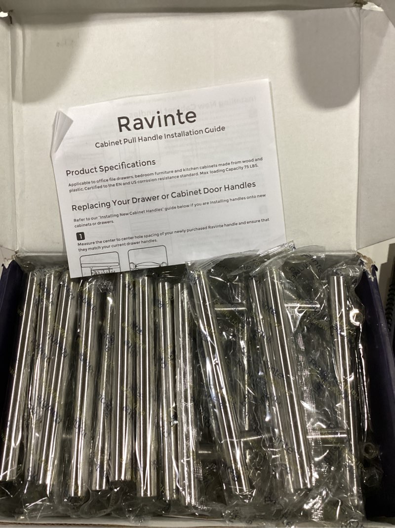 Condition photo showing As Is for ravinte 30 pack 5'' cabinet pulls brushed nickel stainless steel kitchen drawer pulls cabinet handles 3" hole center 30 satin nickel