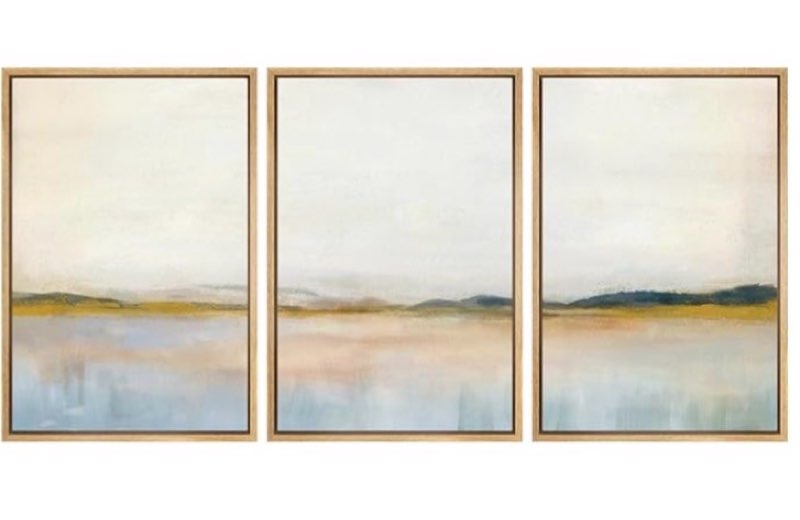 signwin framed canvas print wall art set grunge watercolor pastel lake landscape nature abstract illustrations fine art decorative nordic rustic for living room, bedroom, office - 16"x24"x3 natural