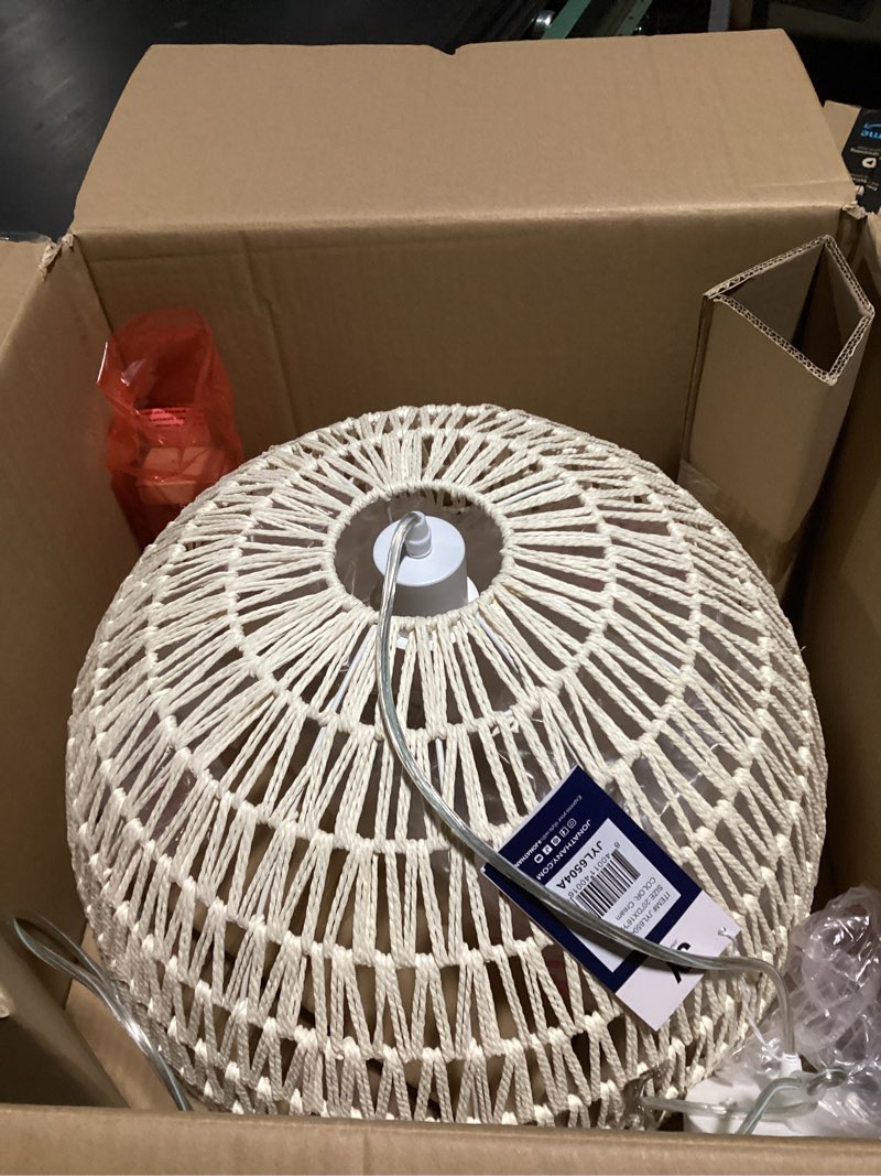 Condition photo showing Good Condition for JONATHAN Y JYL6504A 20" Woven Dome Pendant Light, Bohemian Farmhouse Hanging Light Fixture with Adjustable Height for Kitchen Island, Dining Room, Living Room, Coastal Rope Ceiling Lamp, Cream Cream 20"