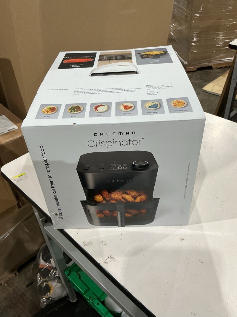 Condition photo showing New/Like New for chefman crispinator air fryer 6-in-1 with 8 qt capacity, 450°f max temp with turbofry pro technology for fast and even results, viewing window, nonstick ceramic basket 8 quart midnight