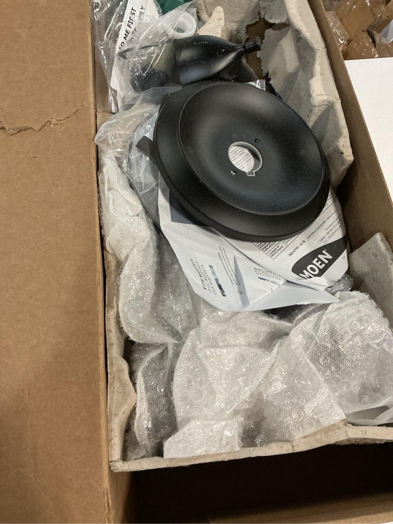 Condition photo showing As Is for moen engage magnetix matte black multi-function handshower and rainfall shower head trim combo with shower handle, tub spout, metal hose, and valve, 82304bl