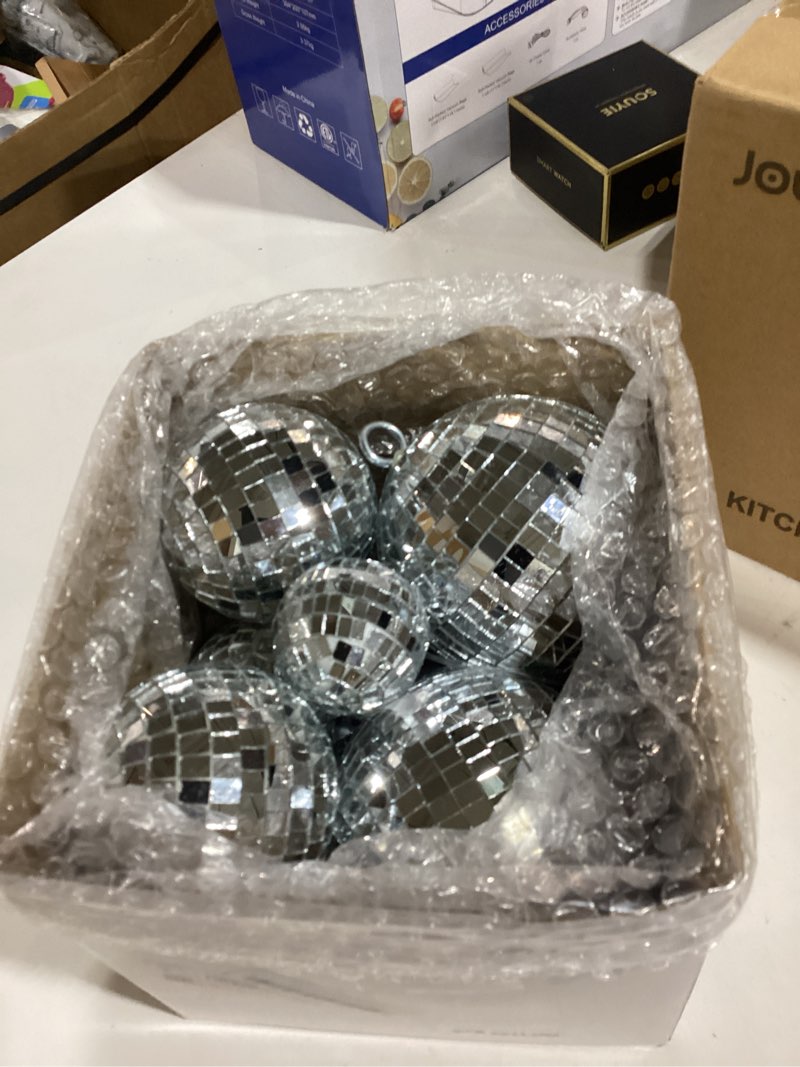 Condition photo showing Good Condition for disco balls decoration mirror disco ball assorted silver mini glass different sizes reflective with rope for 70s wedding dance music(4, 3. 2, 2 inch) silver 4 inch, 3. 2 inch, 2 inch