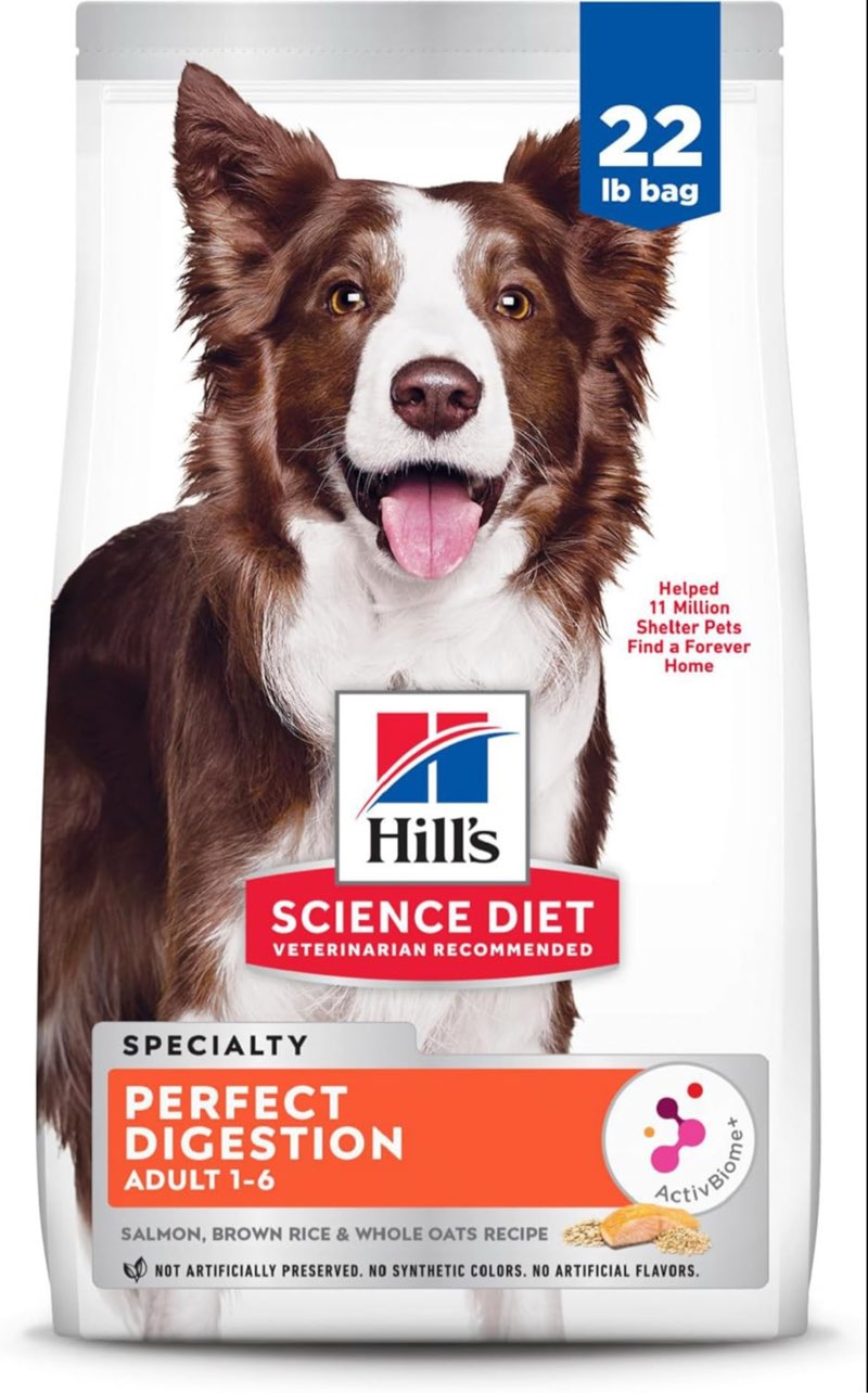 best by: 11/2026 hill's science diet perfect digestion, adult 1-6, digestive support, dry dog food, salmon, brown rice, & whole oats, 22 lb bag