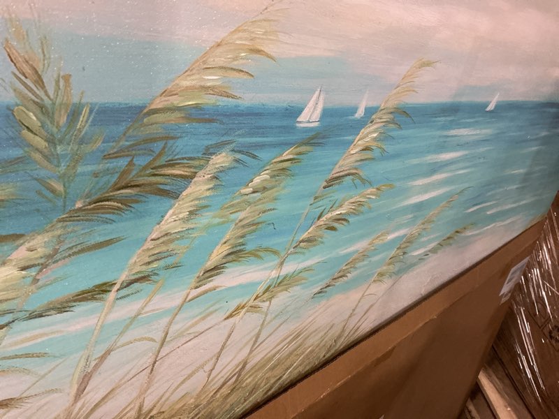 Condition photo showing Good Condition for beach sea canvas wall art: coastal reed hand painting abstract blue ocean sailboat nautical picture modern seascape grass path artwork decor for living room bathroom bedroom coastal reed canvas wall art 48"l x 24"w