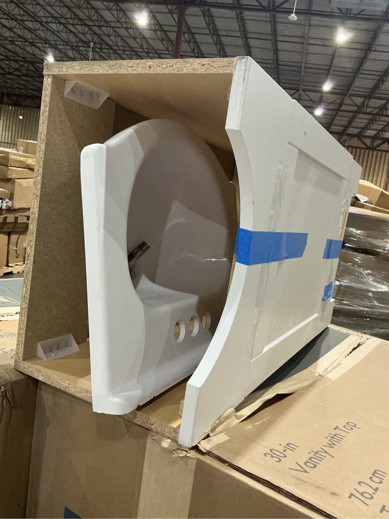Condition photo showing As Is for project source euro 18-in true white single sink bathroom vanity with white cultured marble top