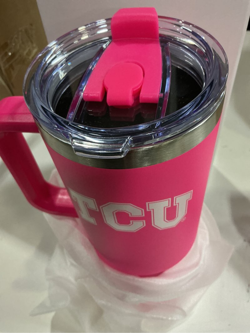 Condition photo showing New/Like New for The Memory Company | Licensed NCAA 40oz Pink Game Day Tumbler with Team Logo Texas Christian University