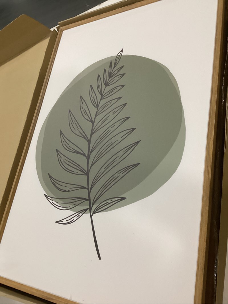 Condition photo showing Good Condition for HOURIA Sage Green Leaves Framed Canvas Wall Art Set,Minimalism Boho Leaf Wall Decor, Modern Nature Botanical Wall Painting,Mid Century Plant Art Prints for Living Room,Bedroom,Farmhouse-16 x24 x3 Sage Green Leaf Wall Art 16"L x 24"W