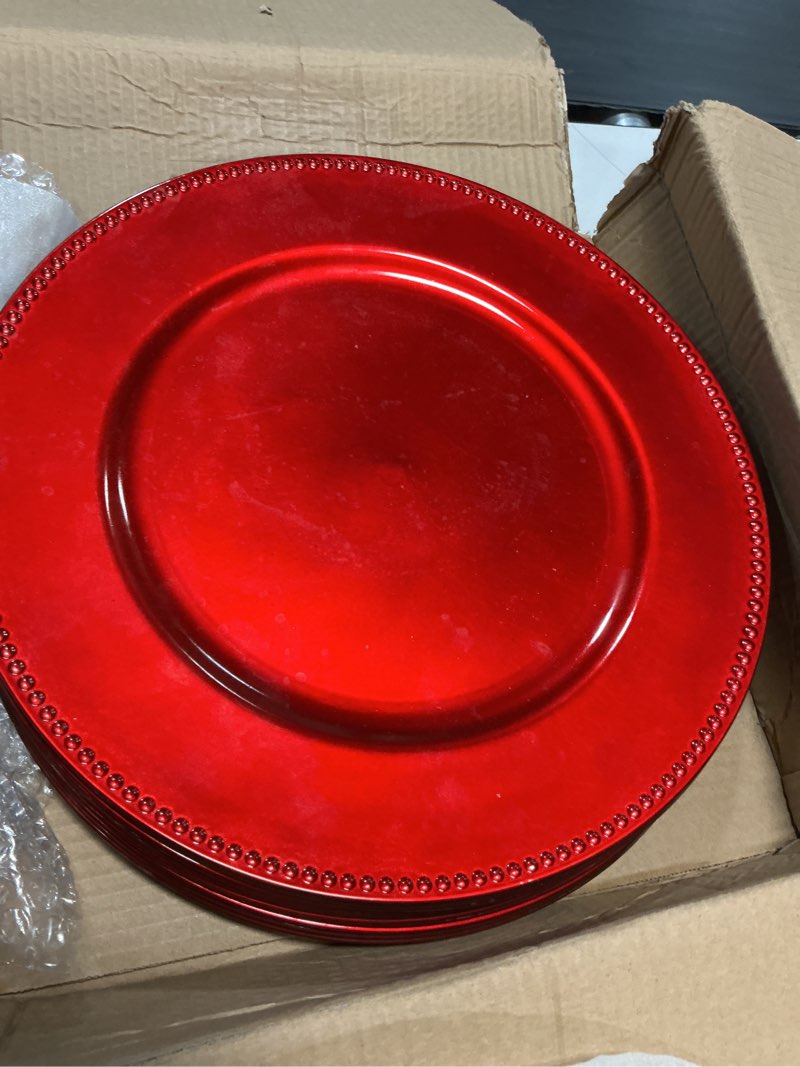 Condition photo showing As Is for Red Christmas Charger Plates Set of 12, 13 Inch Round with Red Beaded Edges, Premium Polypropylene Holiday Table Chargers