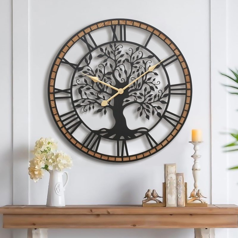 PERFNIQUE Silent 24Inch Large Wall Clock,Tree of Life Metal Black and Solid Wood Frame,Non-Ticking B