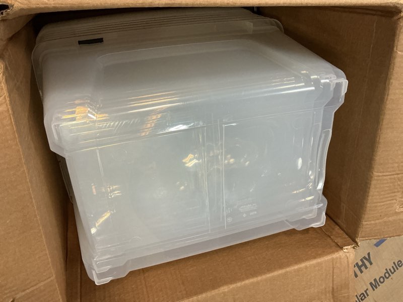 Condition photo showing Good Condition for IRIS USA 54 Qt Stackable Plastic Storage Bins with Lids, 6 Pack - BPA-Free, Made in USA - See-Through Organizing Solution, Latches, Durable Nestable Containers, Secure Pull Handle - Clear Clear 54 Qt 6 Pack