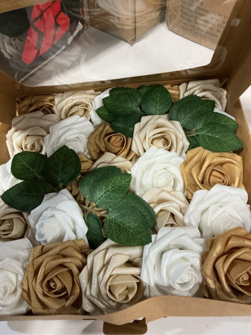 Condition photo showing Good Condition for ling's moment artificial flowers 25pcs gold roses decor w/stems,3" diy foam floral for wedding bouquet/centerpieces, outdoors party backdrop, room/table, and garden/pot decorations wht- gold & white 25pcs