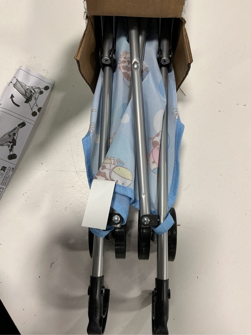 Condition photo showing Good Condition for Bayer: Buggy Umbrella Stroller - Blue & Cows, Accessory for Dolls Up to 18", Foldable, Playful Design, Seat Belt, Kids Toy, Ages 3+