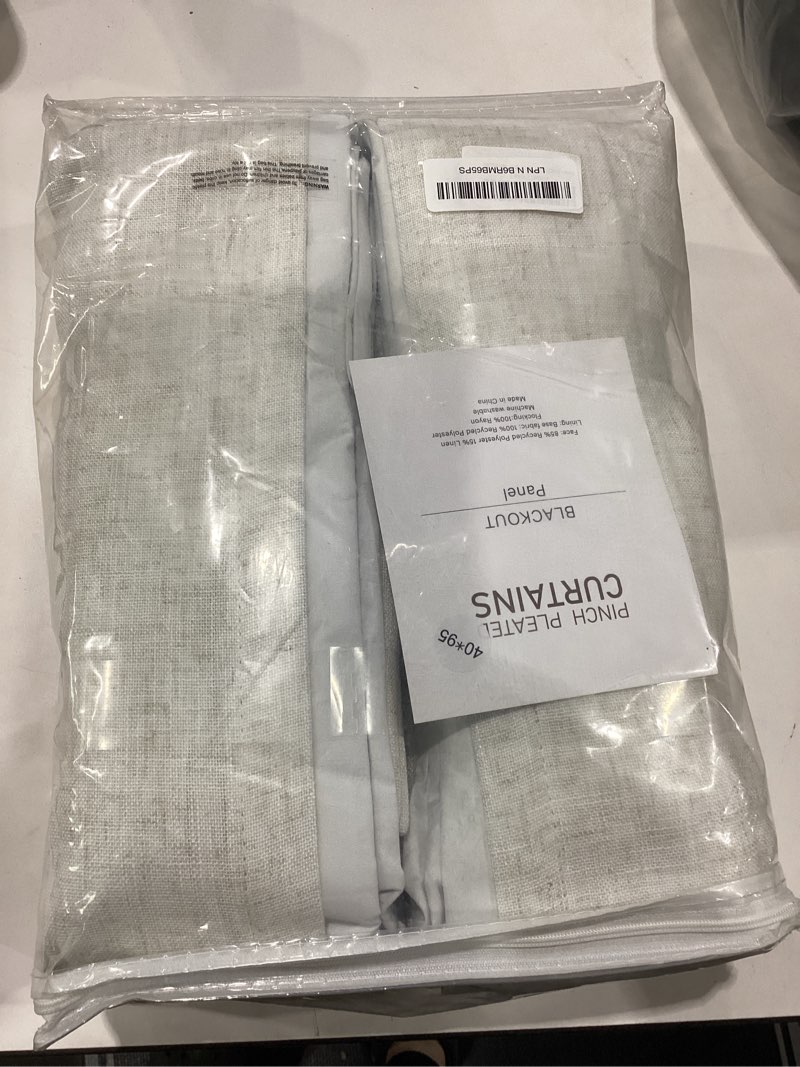 Condition photo showing New/Like New for pinch pleated curtains 100% blackout linen curtains 95 inches long for bedroom living room, natural memory trained thermal insulated room darkening window pleat drapes with hooks, 2 panels, 40"wx95"l natural 40"w x 95"l (pack of 2)