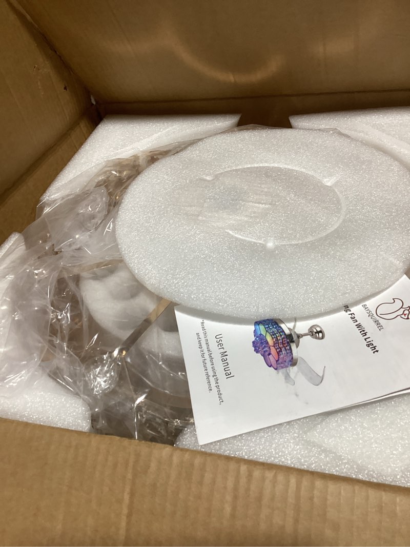 Condition photo showing Good Condition for BAYSQUIRREL Retractable Crystal Ceiling Fan with Light, Bluetooth Ceiling Fan with Speaker, RGB-LED Light 6 Speed Reversible Low Profile Modern Invisible Ceiling Fan,Remote and APP Control Gold Fashion gold crystals