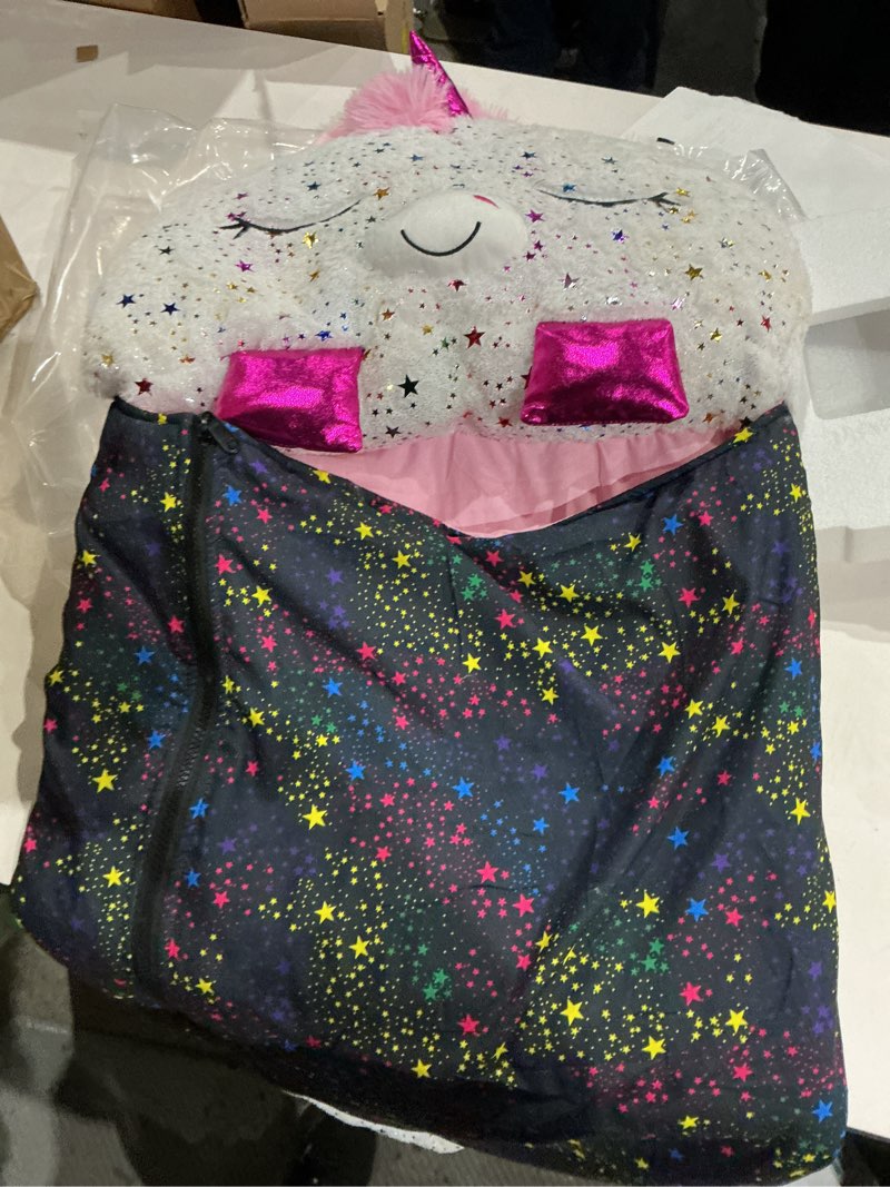 Condition photo showing As Is for happy nappers pillow & sleepy sack- comfy, cozy, compact, super soft, warm, all season, sleeping bag with pillow- medium 54” x 20”, shimmer unicorn medium (54" x 20") shimmer unicorn