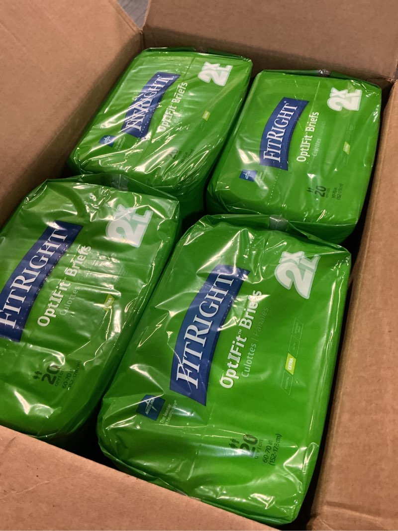 Condition photo showing New/Like New for fitright optifit extra adult briefs, incontinence diapers with tabs, moderate absorbency, 2xl, 60 to 70", 20 count (pack of 4) 80 count xx-large