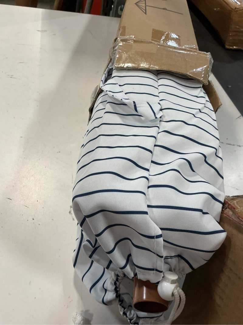 Condition photo showing Good Condition for 7ft patio umbrella with fringe, boho beach umbrellas, outdoor tassels umbrellas with push button tilt & carrying bag, 8 windproof fiberglass ribs, upf50+ blue & white stripe