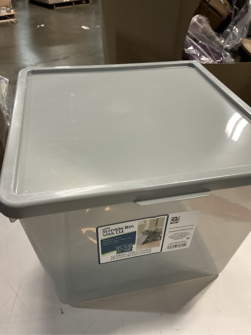 Condition photo showing As Is for your zone kids large tinted clear plastic stacking storage bin with lid, grey, 12 in x 12.4 in x 9.4 in