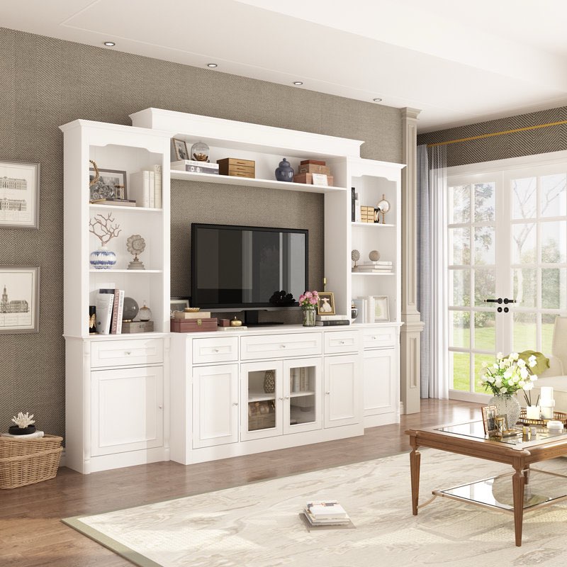 Incomplete) 104.3 '' W Entertainment Center Equipped With Bookcase Open Shelves Multi Size Drawers Glass Color: White