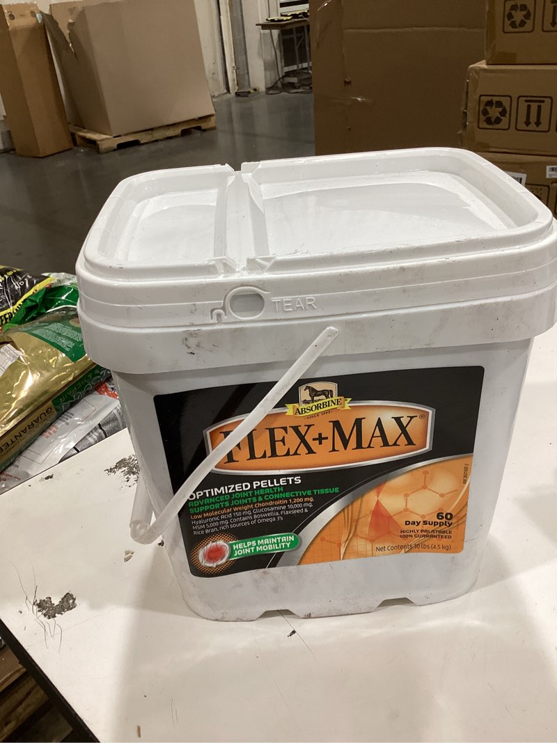 Condition photo showing As Is for absorbine flex+max horse joint supplement pellets, highly palatable, comprehensive equine formula with glucosamine, msm, chondroitin & flaxseed, 10lb tub / 60 day supply