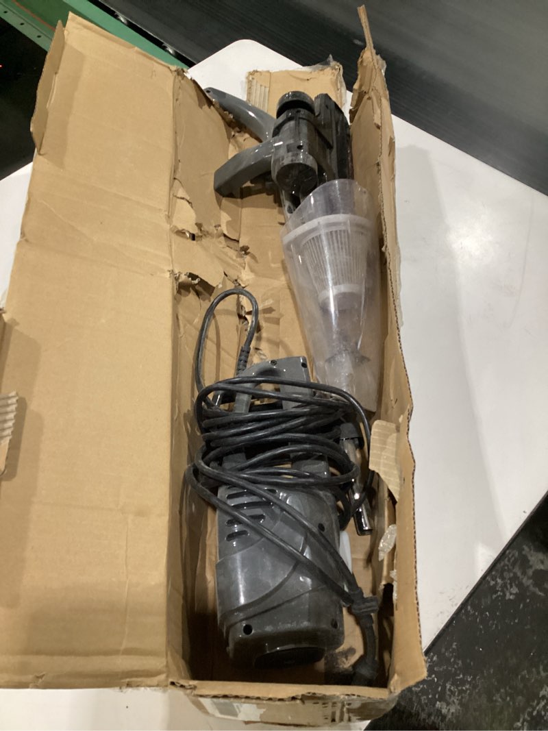 Condition photo showing item condition for (used, damaged)amazon basics 2-in-1 corded stick vacuum cleaner, convertible to handheld, lightweight (3.9 lbs), with washable filter, crevice tools, 0.5l dust cup, 19.7-ft cord, 300w, black vacuum cleaner only