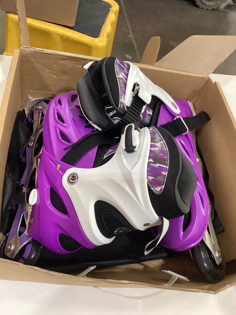 Condition photo showing As Is for metroller inline skates for girls and boys, women, men 4 sizes adjustable inline skates with light up wheels, illuminating beginner skates for kids 5-8 8-12 & adult youth. purple xlarge-youth & adult (7-10 us)