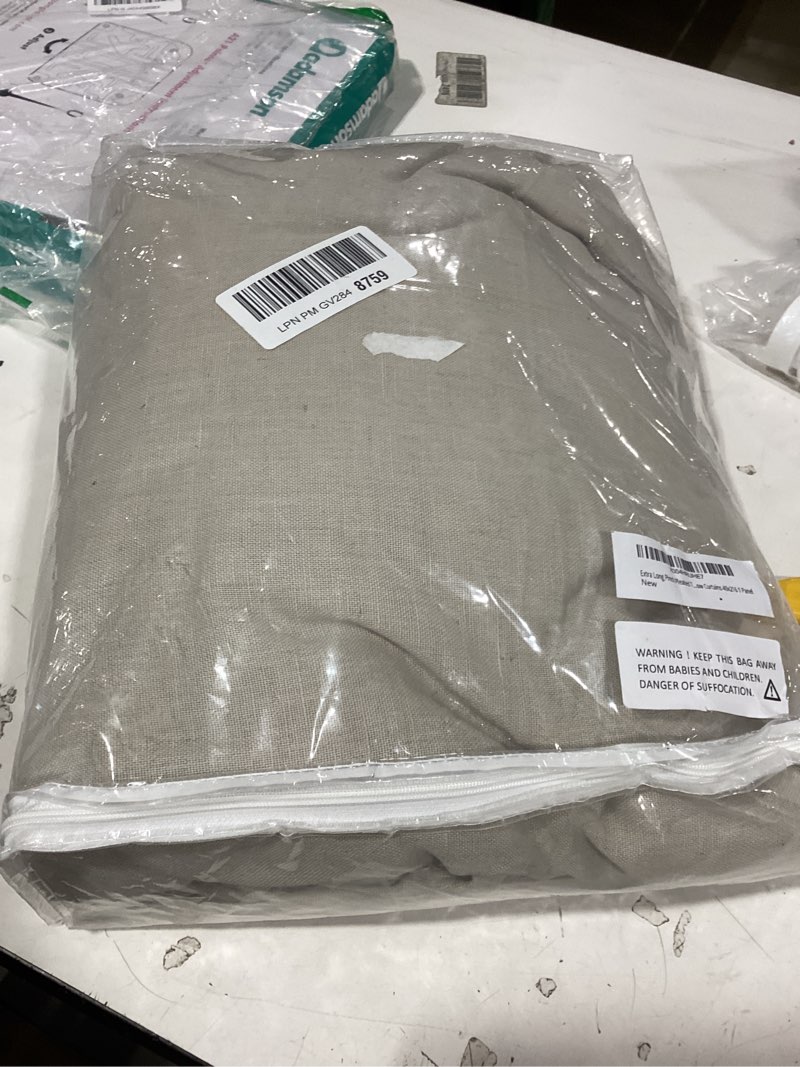 Condition photo showing New/Like New for extra long pinch pleated taupe tan linen curtains 216 inches long for living room high ceiling bedroom light filtering semi sheer pinch pleat with hooks rings back tab window curtains 40x216 1 panel linen 40"w x 216"l (pack of 1)