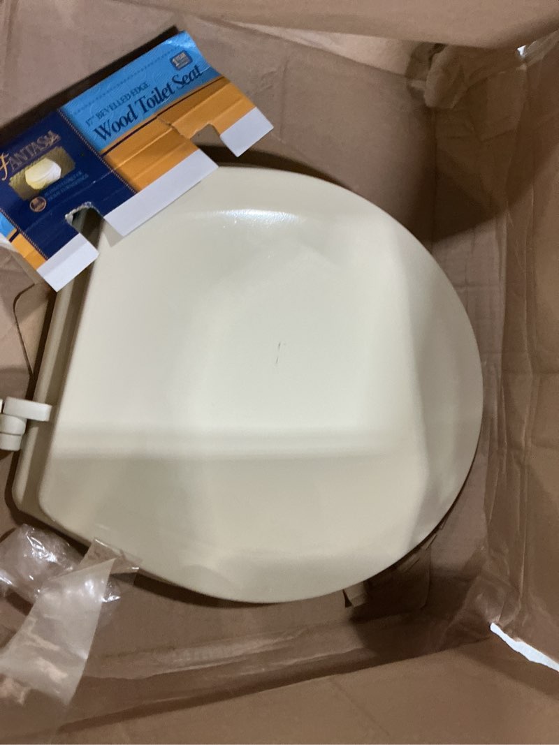 Condition photo showing As Is for standard wood toilet seat, bone - 17 inch - fits all standard size fixtures - easy to install fantasia by achim home decor
