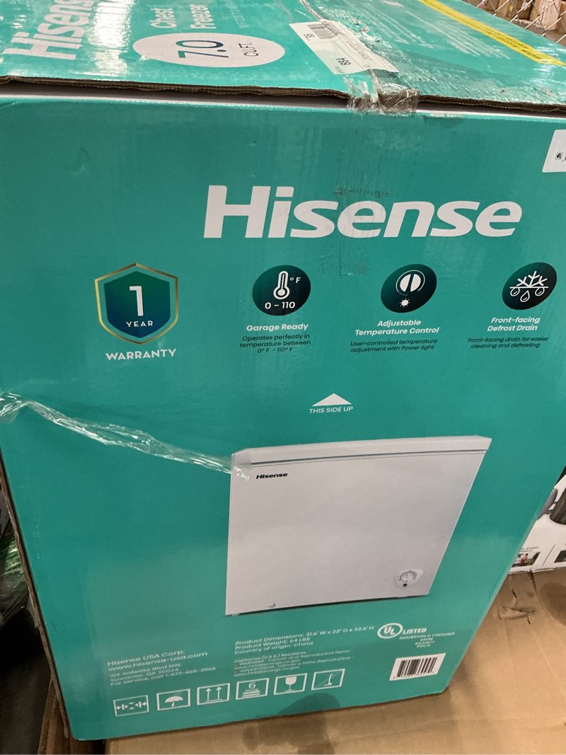 Condition photo showing As Is for hisense 7 cu ft chest freezer white - compact, energy-efficient freezer ideal for bulk food storage in homes, garages, and small spaces