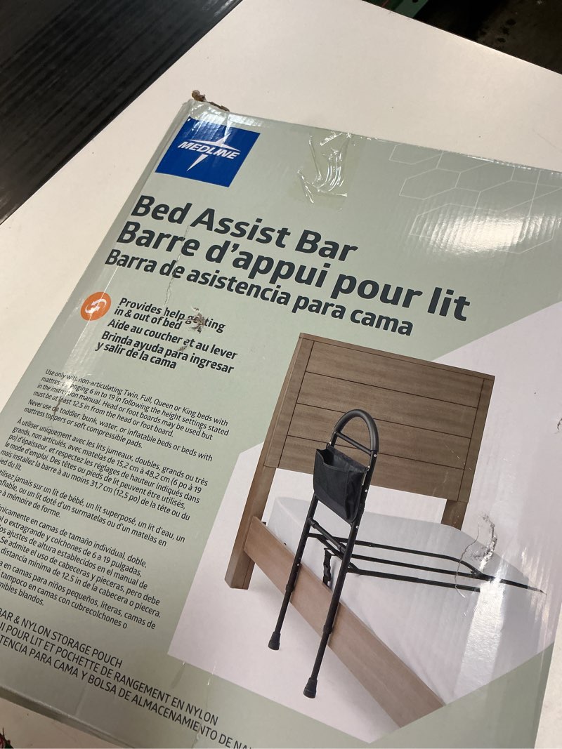 Condition photo showing As Is for medline bed assist bar with storage pocket, height adjustable bed rail for elderly adults, assistance for getting in and out of bed at home