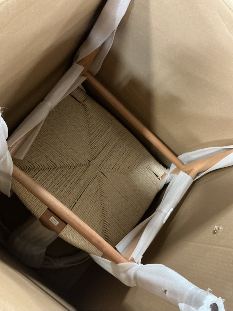 Condition photo showing Good Condition for poly & bark weave dining chair – mid-century modern wishbone dining chair with arms, solid wood frame, indoor use – oak – single - ideal for dining room, kitchen, or stylish accent setting oak single
