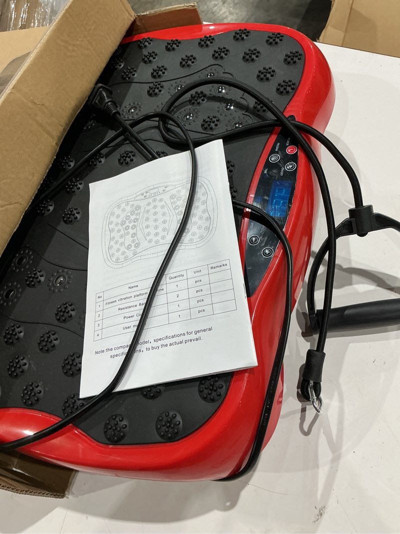 Condition photo showing As Is for vibration plate exercise machine, health & fitness full body vibration platform, portable vibration plate platform for weight loss home fitness, lymphatic drainage, w/resistance bands+remote red