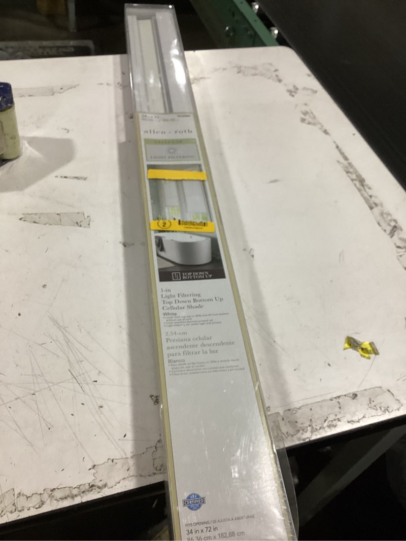 Condition photo showing As Is for allen + roth 34-in x 72-in white light filtering cordless top-down/bottom-up cellular shade