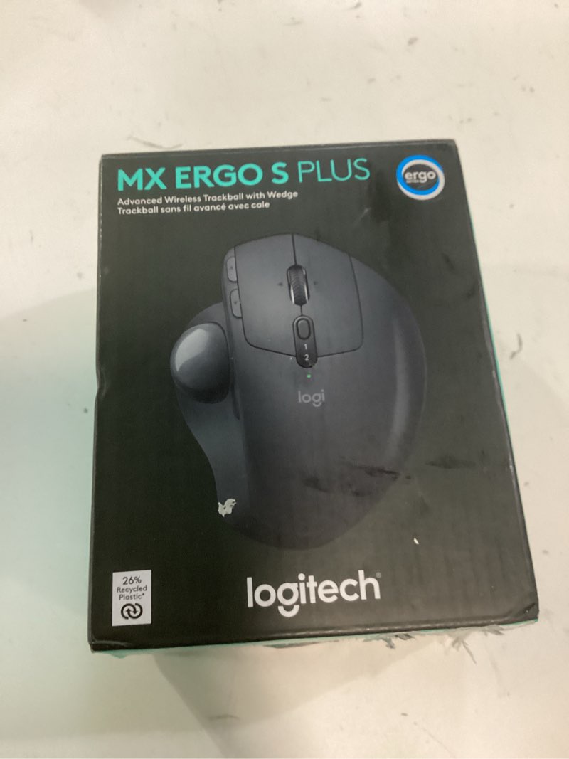 Condition photo showing New/Like New for logitech mx ergo s advanced wireless trackball mouse, usb-c rechargeable wireless ergonomic mouse with bluetooth and encrypted dongle, 6 programmable buttons, for pc/mac - graphite