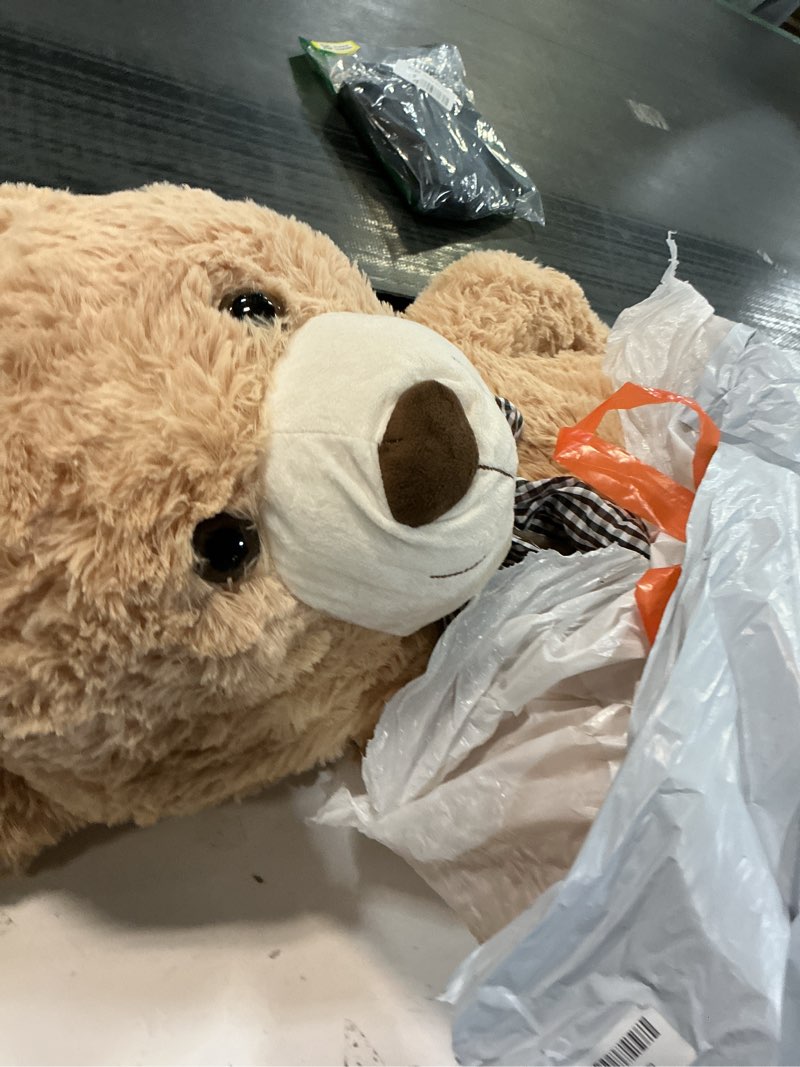 Condition photo showing As Is for maogolan giant teddy bear 4 feet,adorable and cuddly big bear stuffed animal 47", classic teddy bear plush gift decoration for baby shower,party,birthday,valentines day,tan brown 47 inches