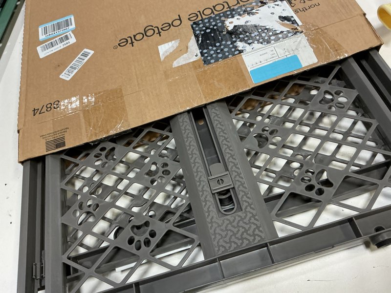 Condition photo showing Good Condition for mypet north states paws portable pet gate: 26-40" wide. pressure mount. no tools needed. made in usa, 23" tall, expandable, durable dog gates for doorways, fieldstone gray