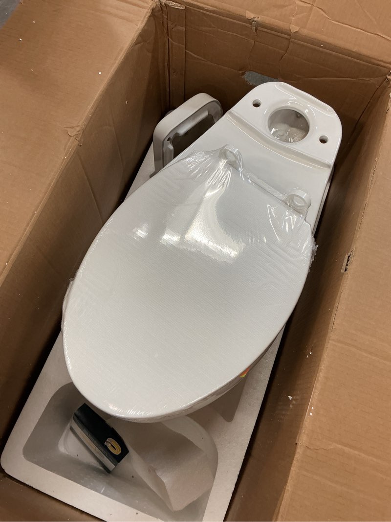 Condition photo showing As Is for (incomplete)two-piece toilets for bathrooms, extra tall toilet with 21\" height, elongated with soft close seat, power flush 1.28 gpf 21\" h & elongated side press flush